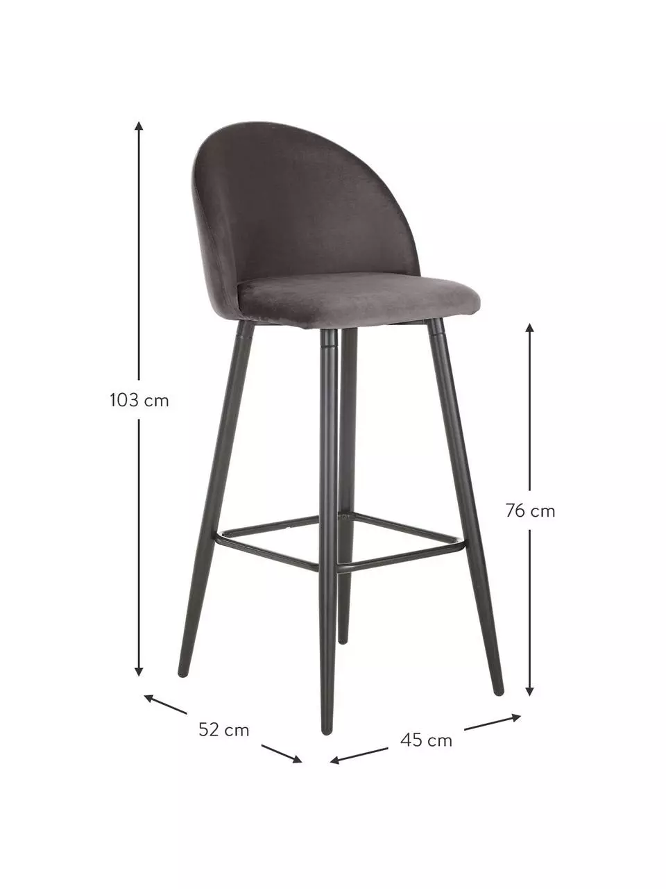 Westwing Collection Samt-Barstuhl Amy in Dunkelgrau, B 45 x H 103 cm 5 Westwing Collection Samt-Barstuhl Amy in Dunkelgrau, B 45 x H 103 cm – Bild 3