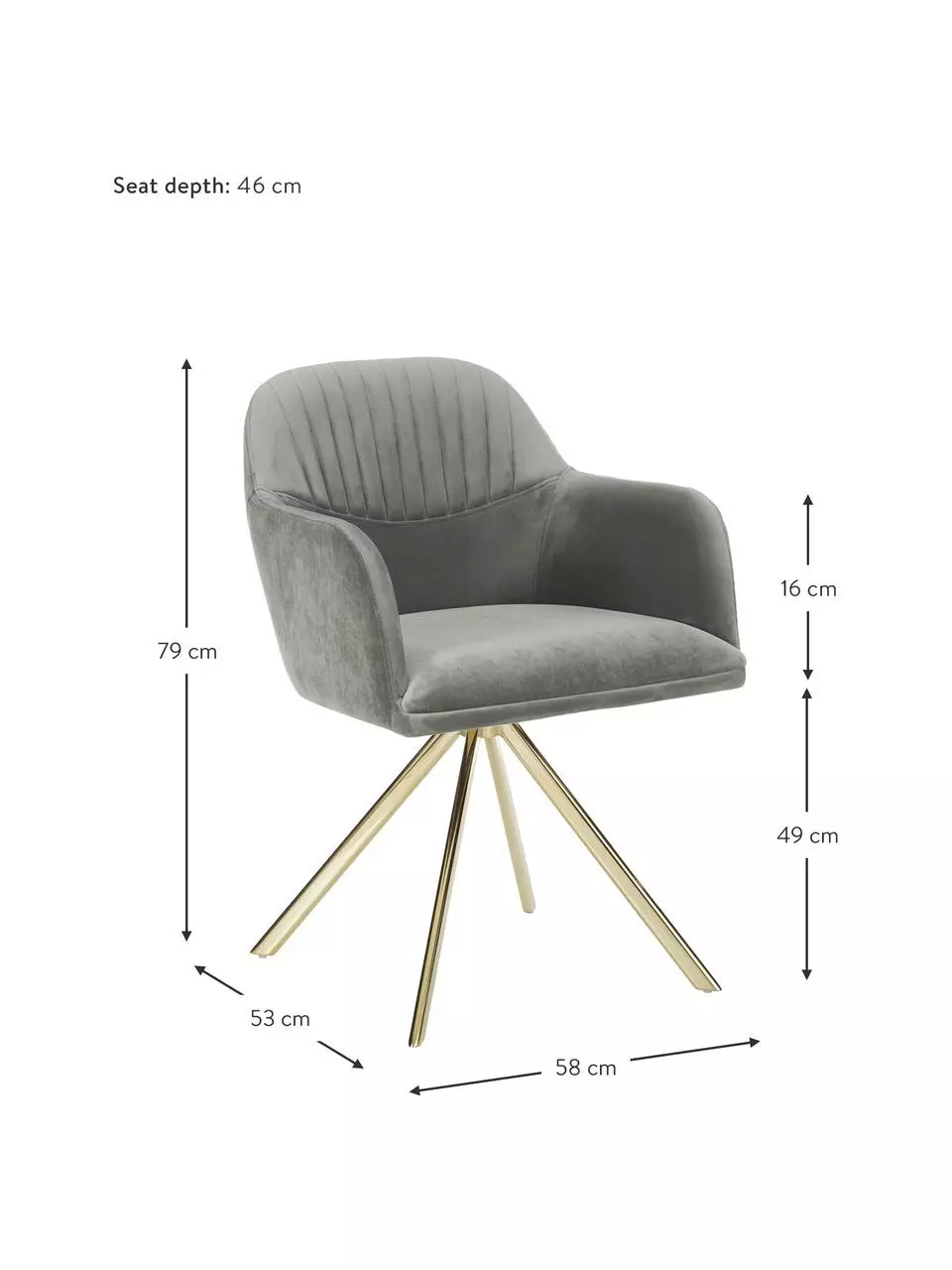 Westwing Collection Samt-Drehstuhl Lola mit Armlehne in Steingrau, B 58 x T 53 cm 5 Westwing Collection Samt-Drehstuhl Lola mit Armlehne in Steingrau, B 58 x T 53 cm – Bild 3