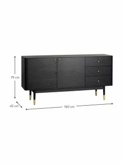 Rowico Schwarzes Sideboard Fenwood mit Schubladen mit Eichenholzfurnier, B 160 x H 79 cm -Esszimmer Verkäufe Schwarzes Sideboard Fenwood mit Schubladen mit Eichenholzfurnier 2